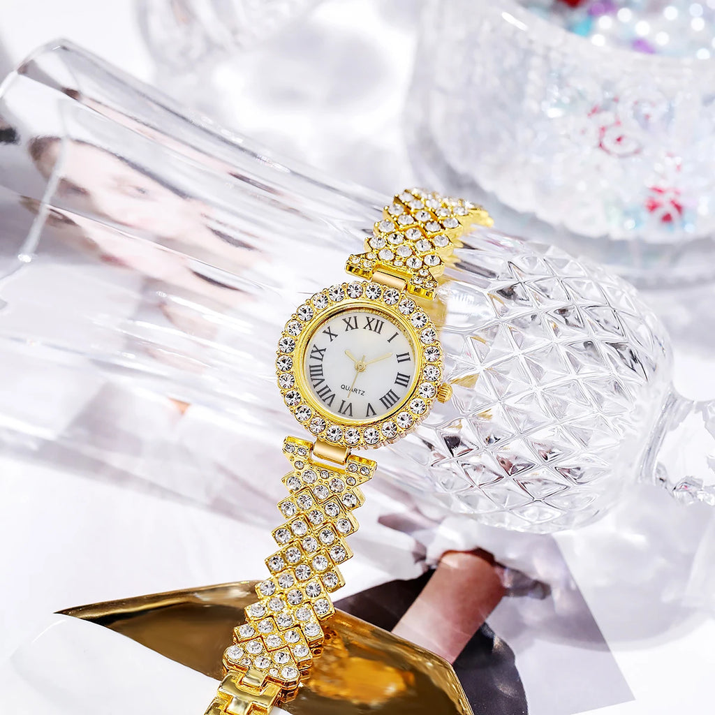 6PCS Luxury Rhinestone Women Watches Fashion Roma Dial Bracelet Wrist Watch Jewelry Set Relogio Feminino（Without Box）