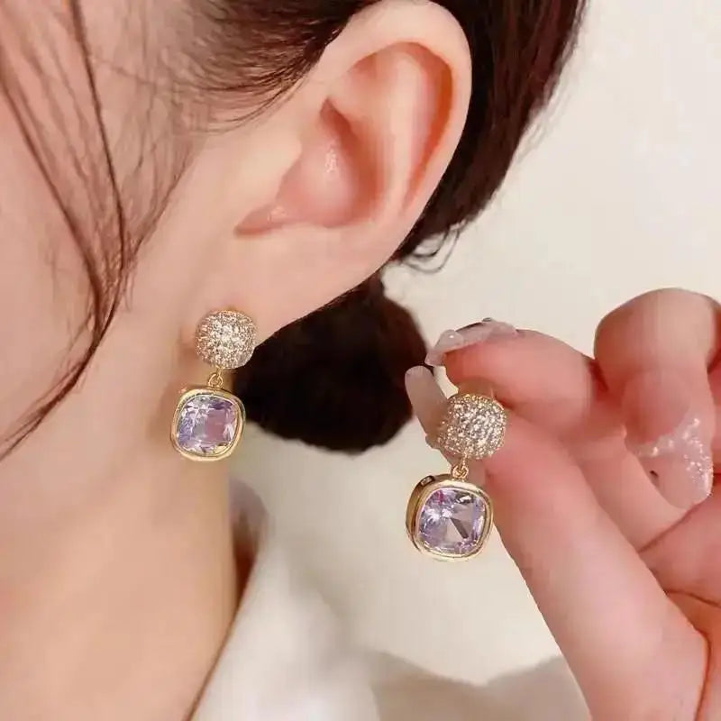 Silver Needle Fashion Purple Crystal Heart Drop Earrings For Women Jewelry 2025 Trending New Luxury Women's Earrings