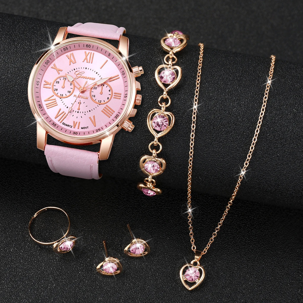 5/6PCS Fashion Women's Quartz Watch Leather Band Analog Wrist Watches Heart Rhinestone Jewelry Set (Without Box)
