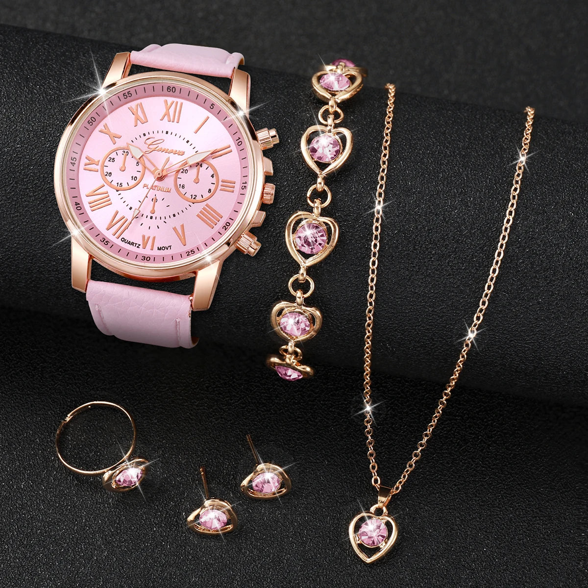 5/6PCS Fashion Women's Quartz Watch Leather Band Analog Wrist Watches Heart Rhinestone Jewelry Set (Without Box)