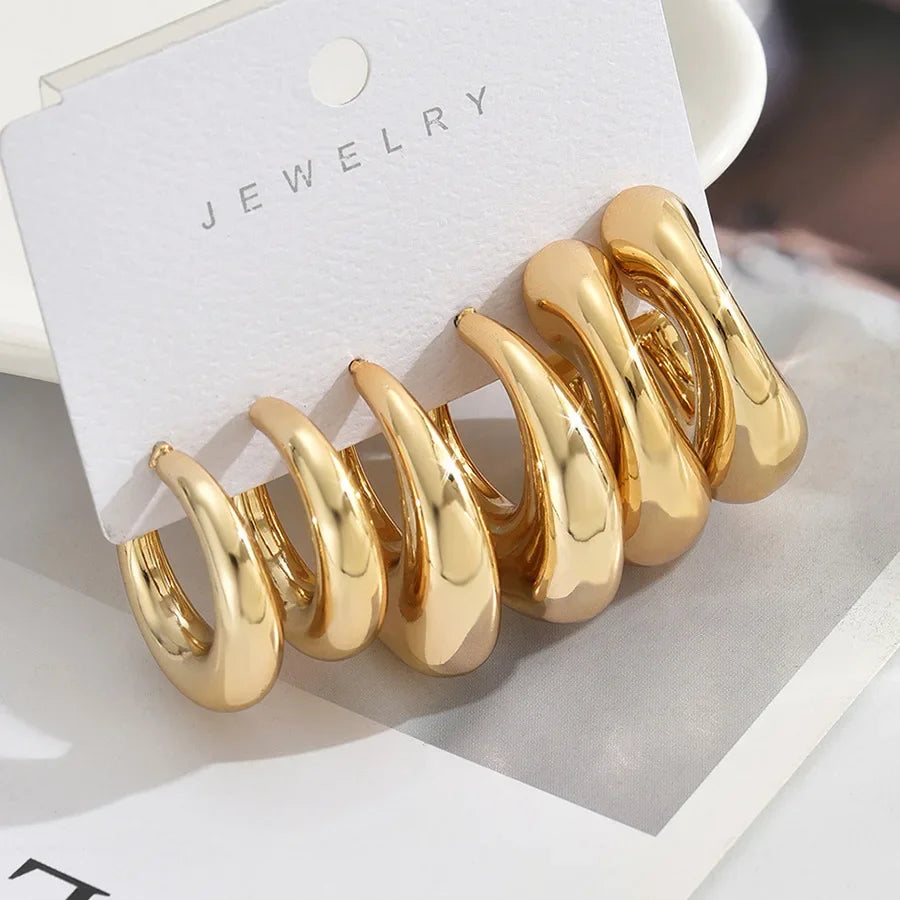6Pcs Vintage Classic Geometry Glossy Ccb Gold Plated C Shape Hoop Earrings Set for Women Waterdrop Earing Fashion Jewelry