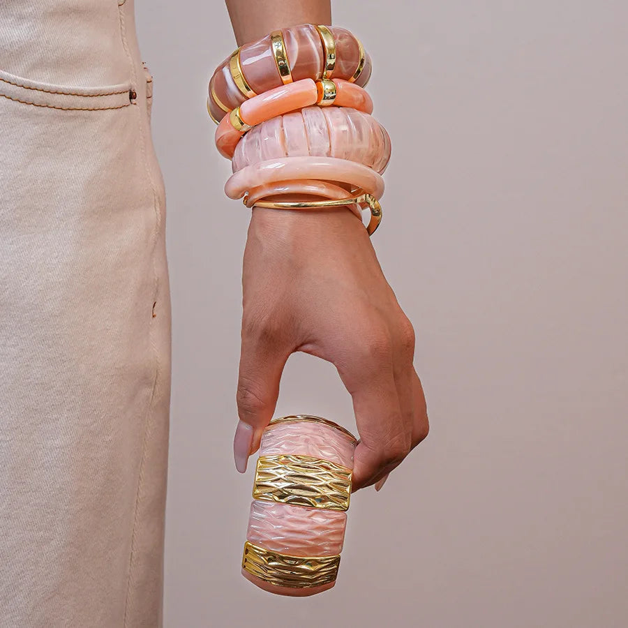 Pink Acrylic Resin Smudging Bangles for Women Girls Smooth Irregular Geometric Square Elastic Bracelets Wristband Jewelry