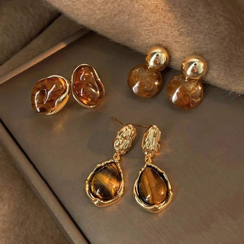 Vintage Brown Resin Tiger Eye Stone Dangle New Earrings for Women Fashion Silver Needle Earring Personality Melard Color Jewelry