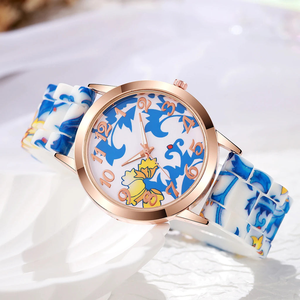 2/3/4/5PCS Fashion Flowers Printed Women Watches Casual Silicone Band Female Quartz Watch Relogio Feminino（Without Box）