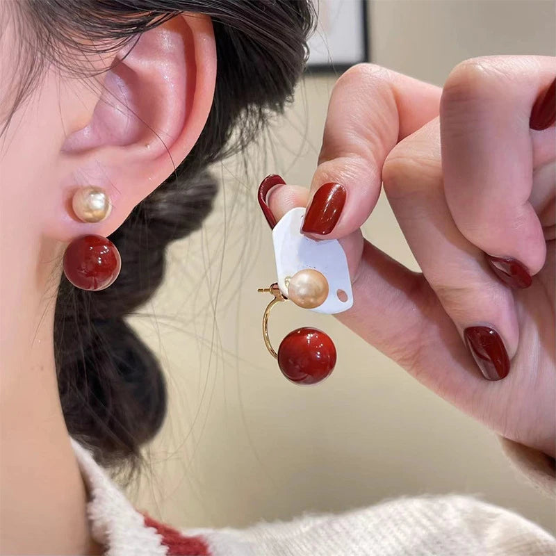 925 Silver Needle Vintage Brown Pearl Earrings For Women Jewelry 2025 Trending New Luxury Women's Red Ball Earrings gifts