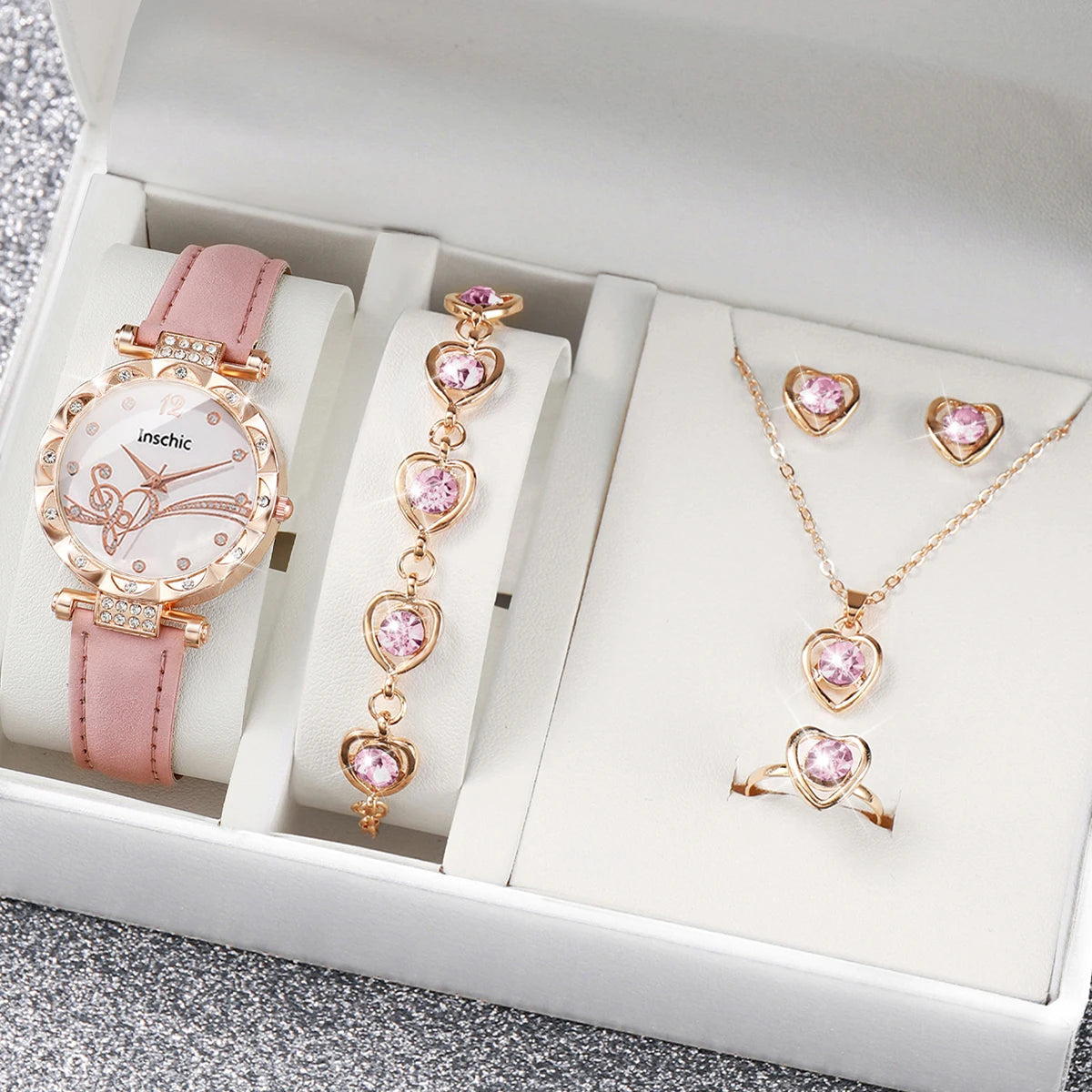 6PCS/Set Fashion Rhinestone Women's Watch Leather Band Analog Quartz Watches Rhinestone Heart Jewelry Set（Without Box）