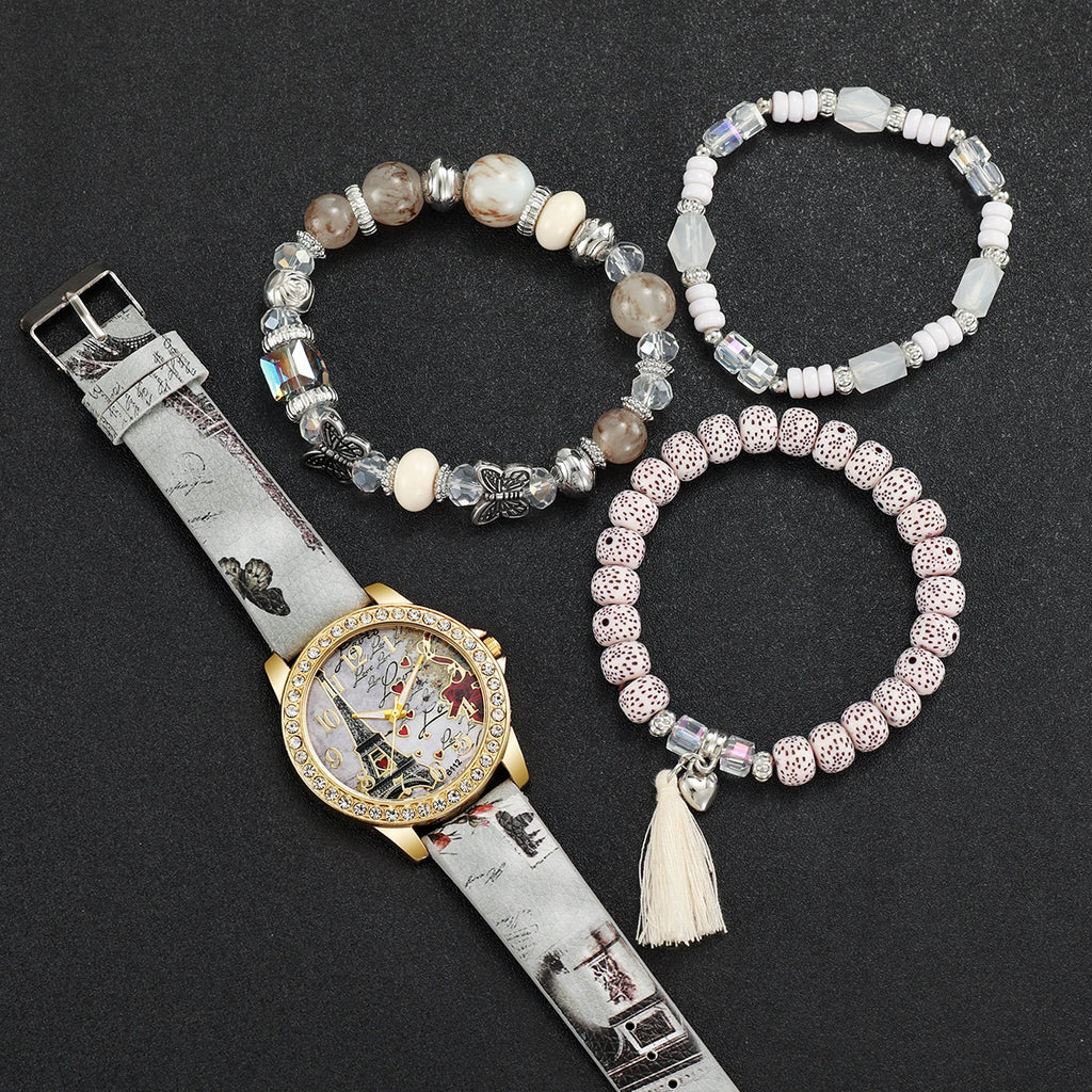 3/4/5PCS Fashion Rhinestone Women's Watch Flowers Printed Leather Band Female Quartz Watches Bracelets Set (Without Box）