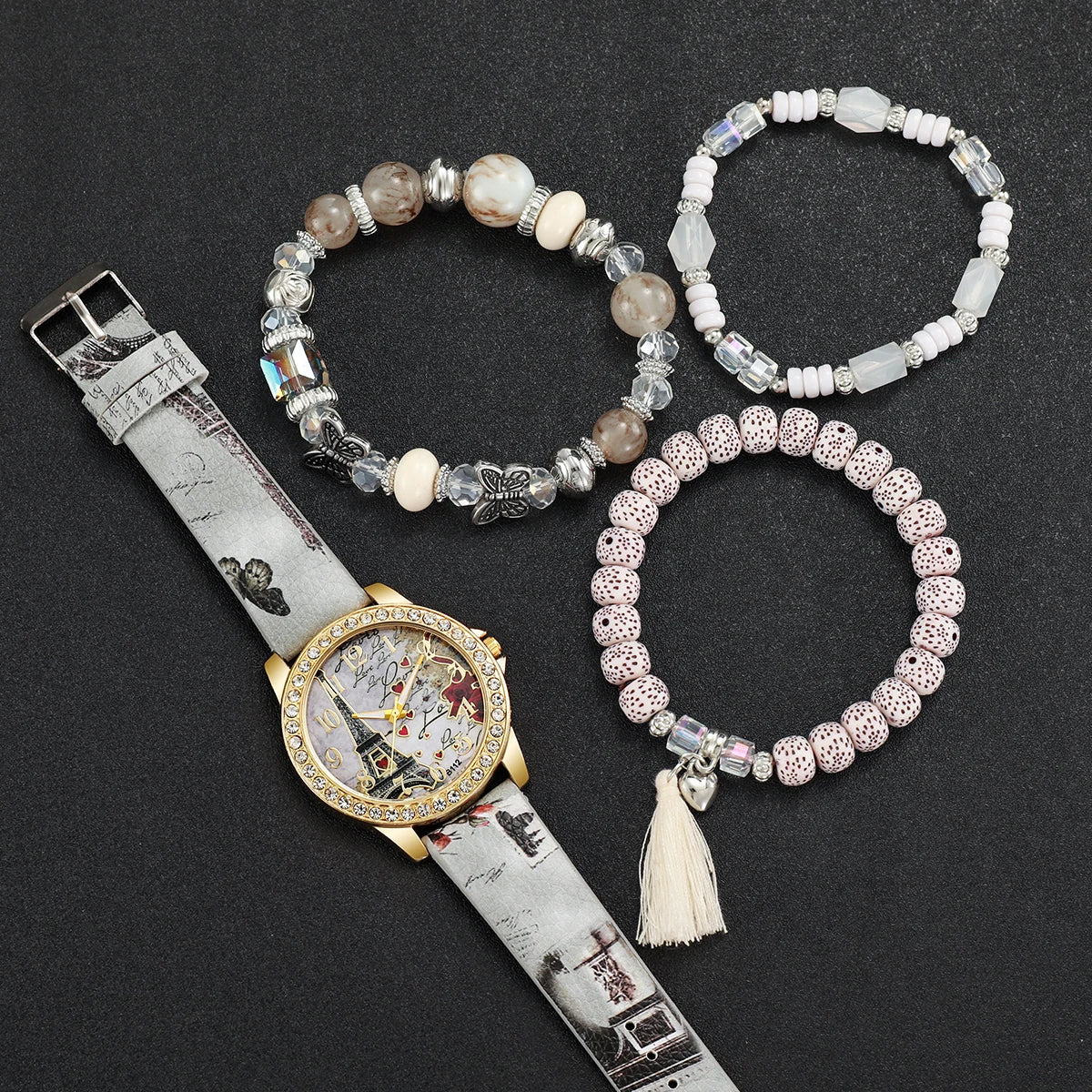 3/4/5PCS Fashion Rhinestone Women's Watch Flowers Printed Leather Band Female Quartz Watches Bracelets Set (Without Box）
