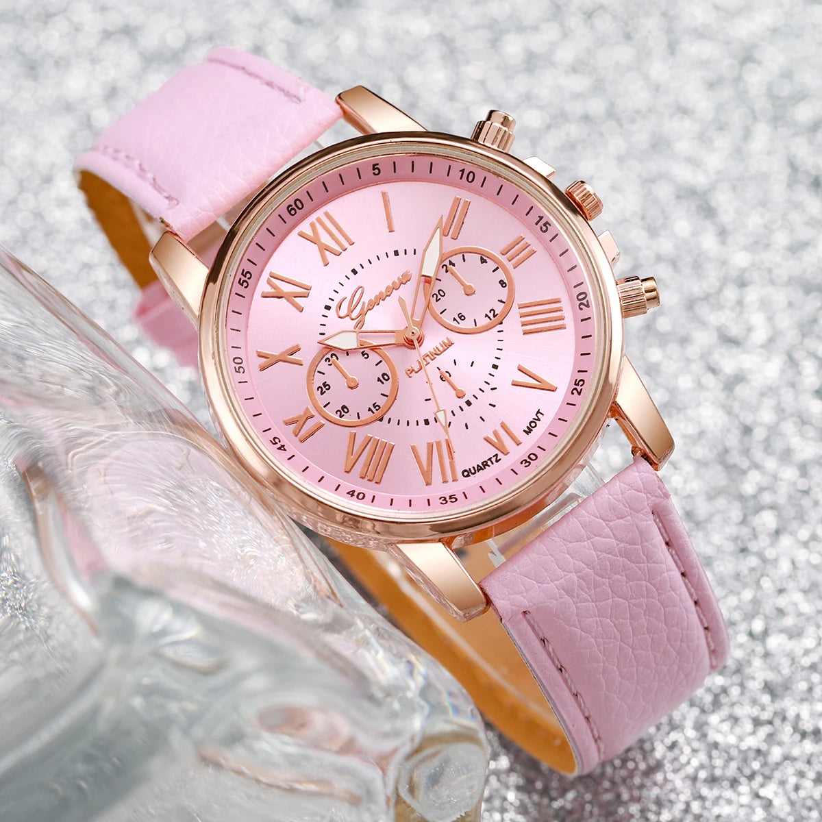 5/6PCS Fashion Women's Quartz Watch Leather Band Analog Wrist Watches Heart Rhinestone Jewelry Set (Without Box)