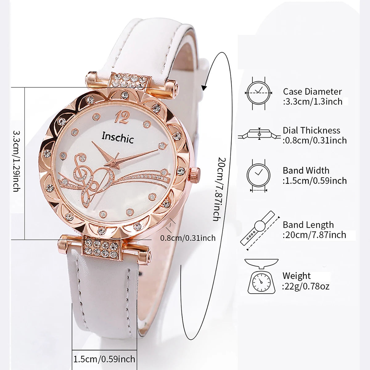 6PCS/Set Fashion Rhinestone Women's Watch Leather Band Analog Quartz Watches Rhinestone Heart Jewelry Set（Without Box）