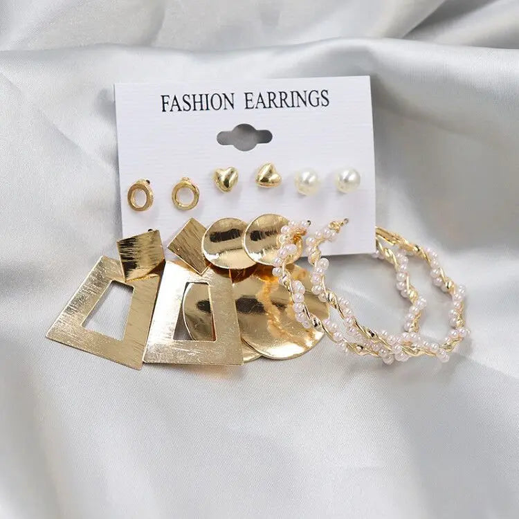 Boho Big Circle Hoop Earring Set for Women Gold Color Bohemia Vintage Pearl Square Earring Heart Zircon Ear Studs Jewelry