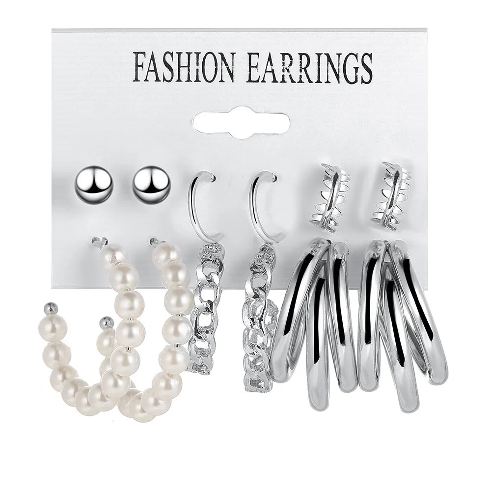 Boho Big Circle Hoop Earring Set for Women Gold Color Bohemia Vintage Pearl Square Earring Heart Zircon Ear Studs Jewelry