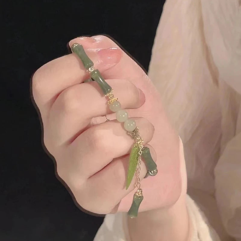 Handmade Green Bamboo Joint Beaded Bracelet for Women Leaves Tassel Flower Bracelets Bangles Girls Party Jewelry Gifts