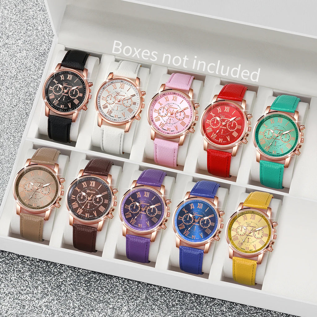 10PCS Women Watches Set Fashion Roma Dial Ladies Quartz Watch Casual Leather Band Wristwatches Relogio Feminino Reloj Mujer