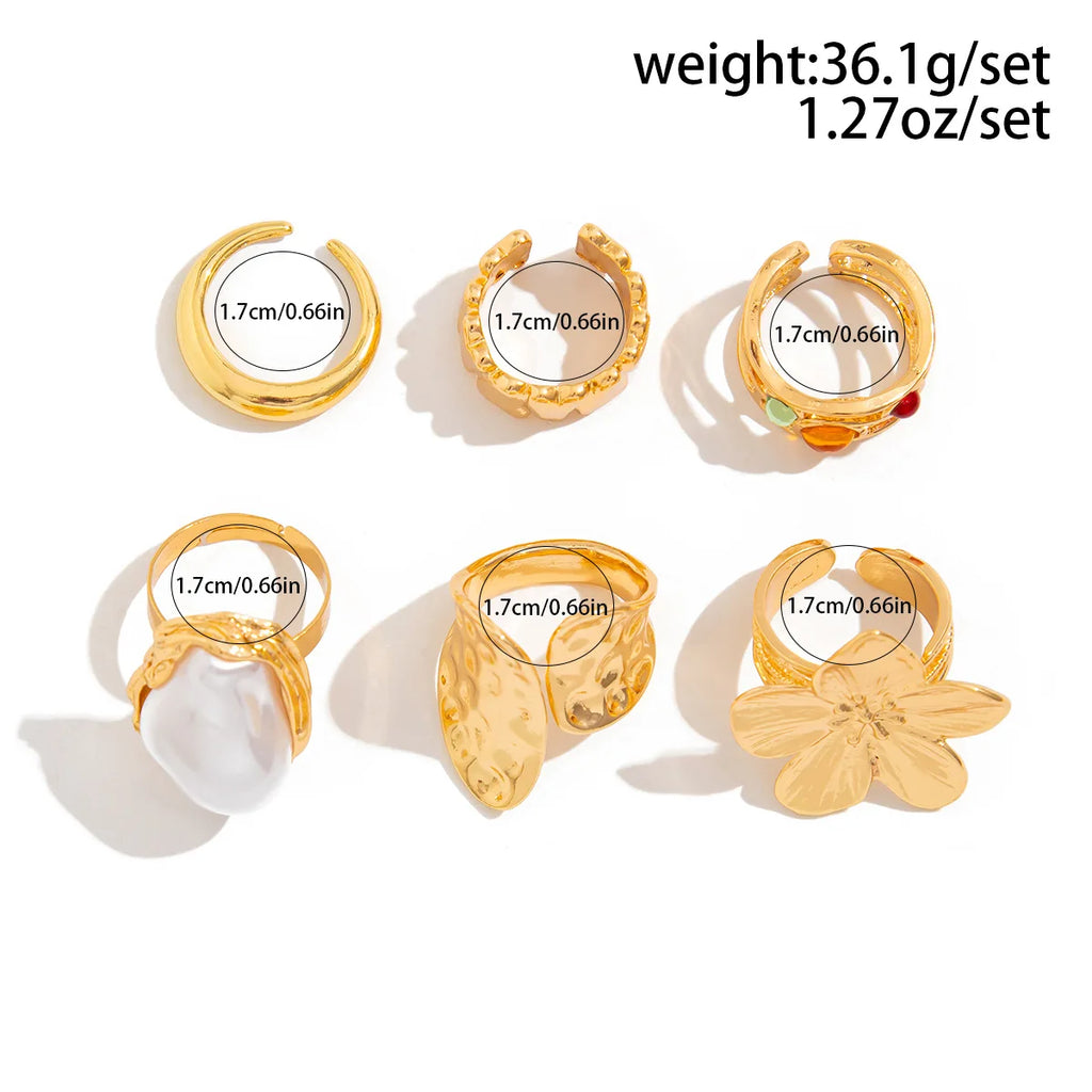 6Pcs Punk Exaggerated Metal Finger Rings Set for Women Men Vintage Flower Pearl Crystal Europe America Open Rings Luxury Jewelry