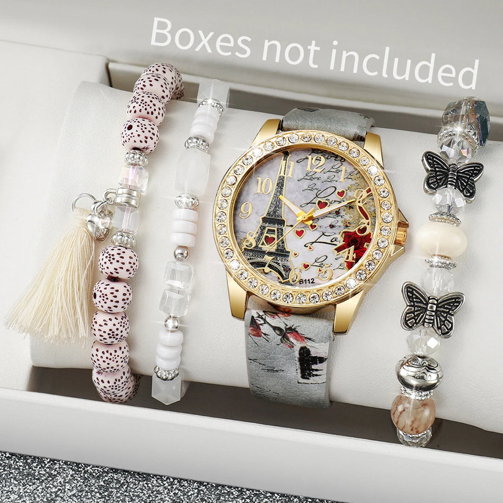 3/4/5PCS Fashion Rhinestone Women's Watch Flowers Printed Leather Band Female Quartz Watches Bracelets Set (Without Box）