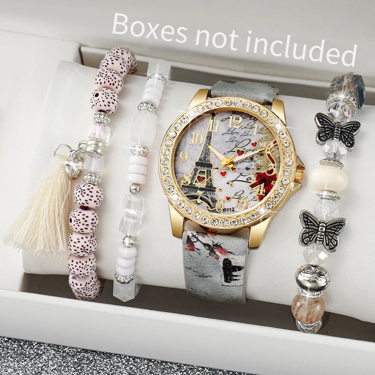 3/4/5PCS Fashion Rhinestone Women's Watch Flowers Printed Leather Band Female Quartz Watches Bracelets Set (Without Box）