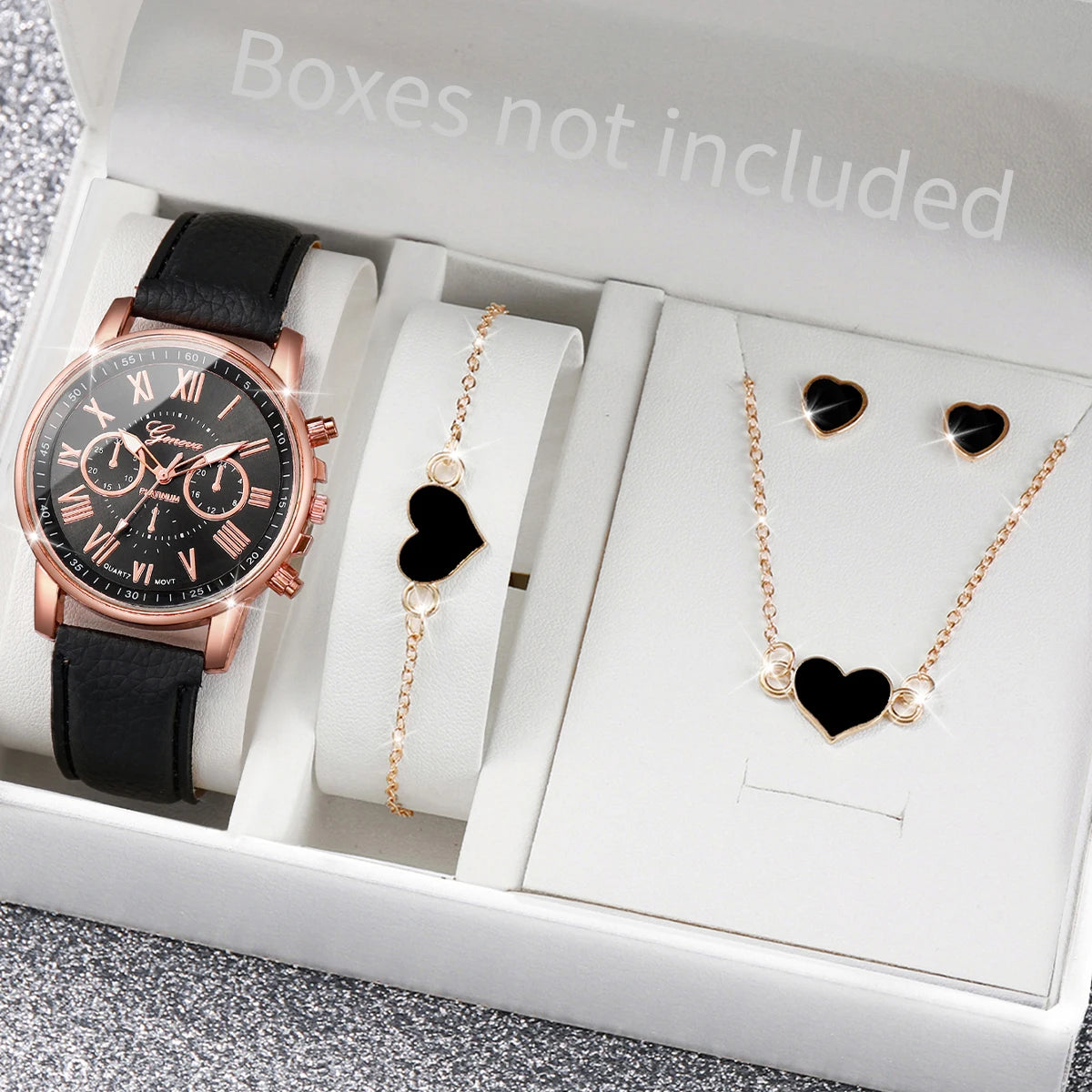 5/6PCS Fashion Women's Quartz Watch Leather Band Analog Wrist Watches Heart Rhinestone Jewelry Set (Without Box)