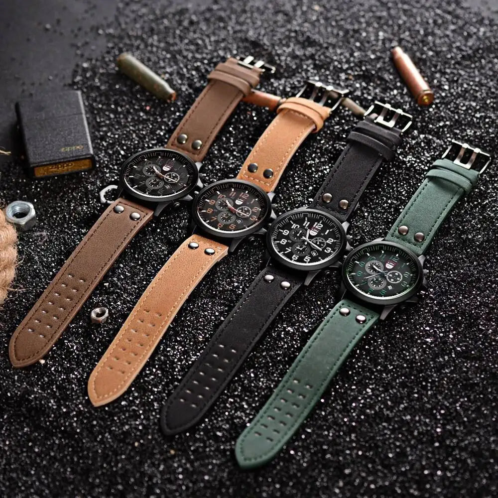 Fashion Men's Sports Watches Casual Leather Strap Quartz Watch Male Military Calendar Wristwatch