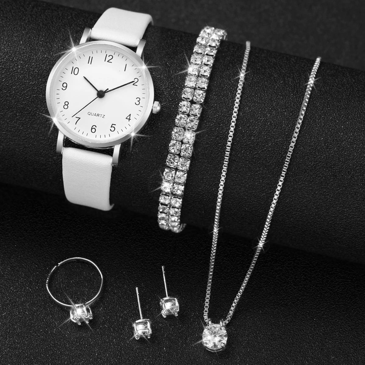 5/6PCS Fashion Women's Quartz Watch Leather Band Analog Quartz Watches with Diamond Jewelry (Without Box)
