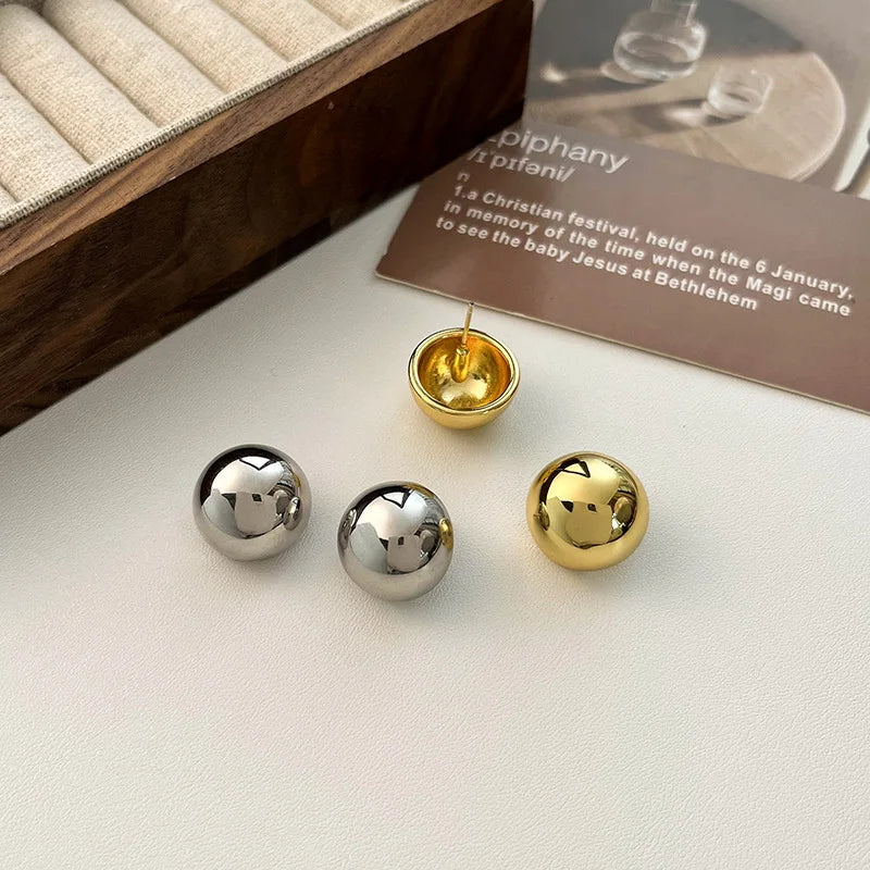 European Style Fashion Geometric Half Metal Big Ball Round Stud Earrings for Women Girls Party Accessories