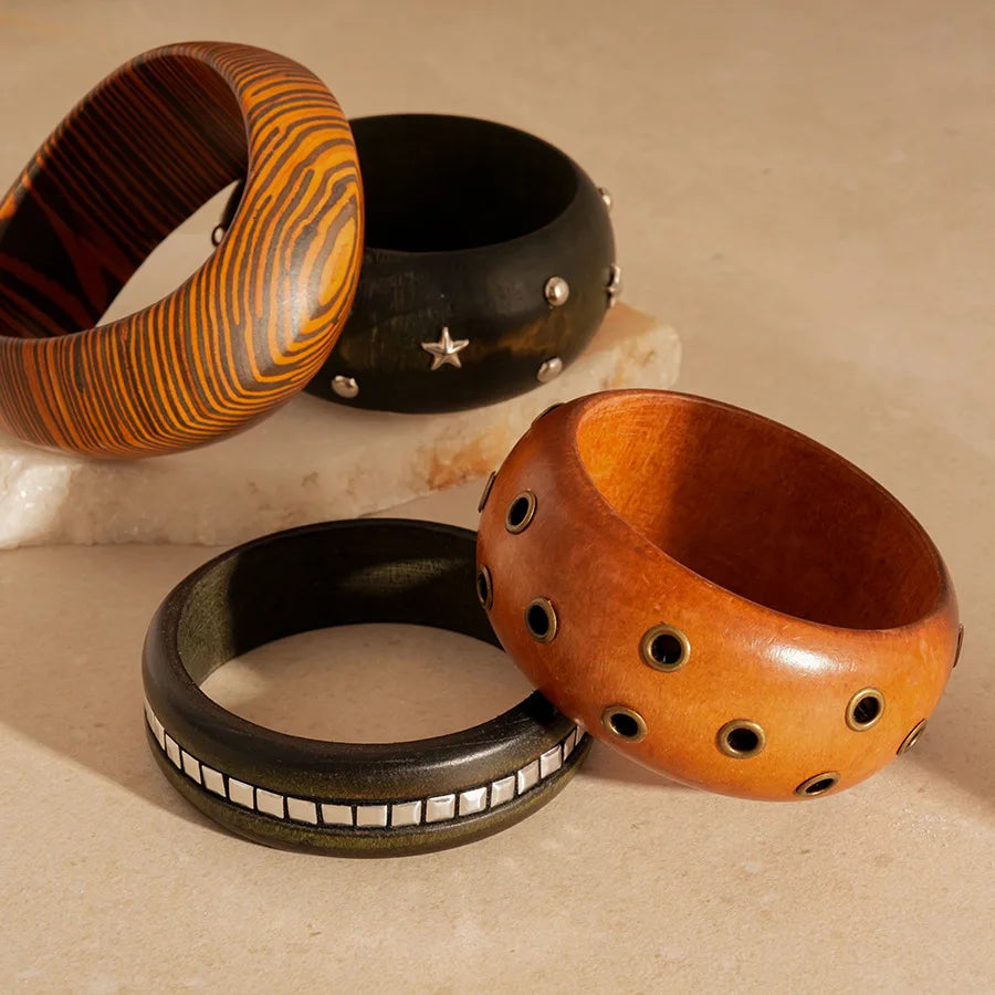 Natural Wooden 12 Styles Square Round Bracelet for Women Hip Hop Rivet Beads Wide Bangles Hand Jewelry Pulseras Mujer