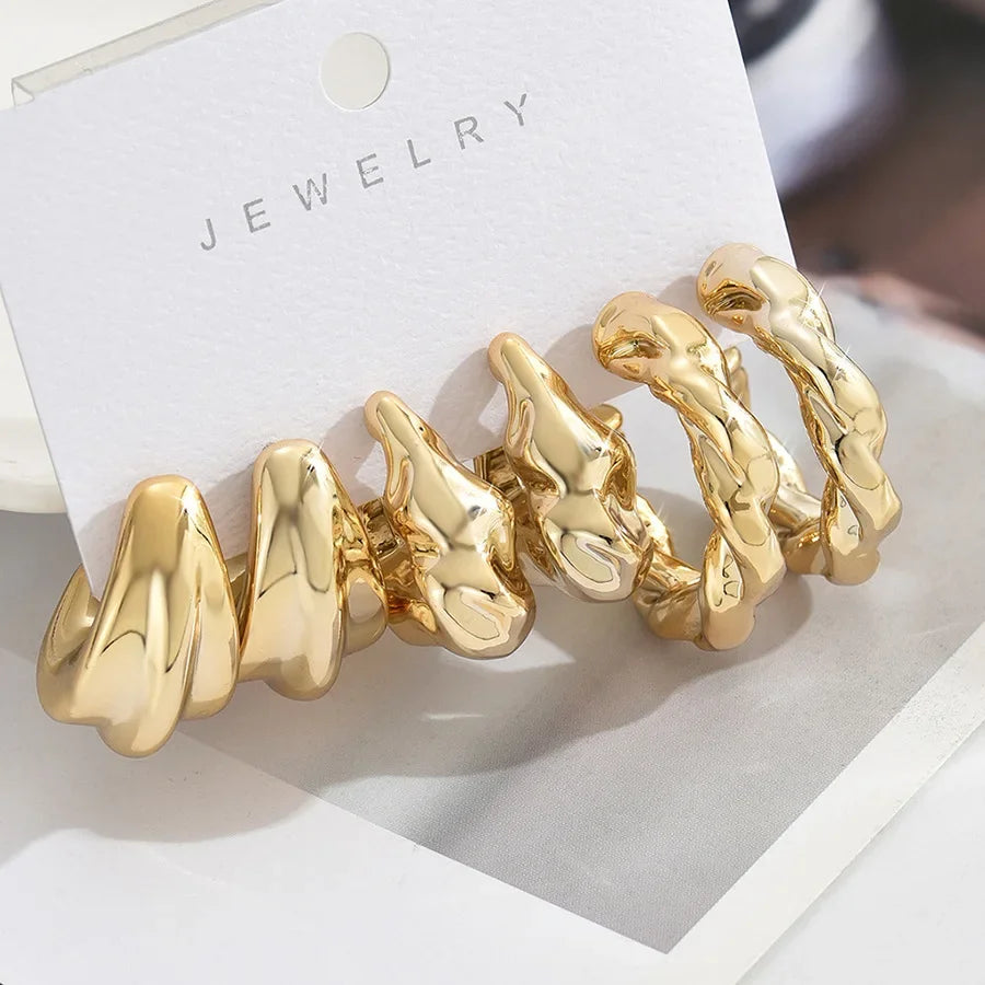 6Pcs Vintage Classic Geometry Glossy Ccb Gold Plated C Shape Hoop Earrings Set for Women Waterdrop Earing Fashion Jewelry