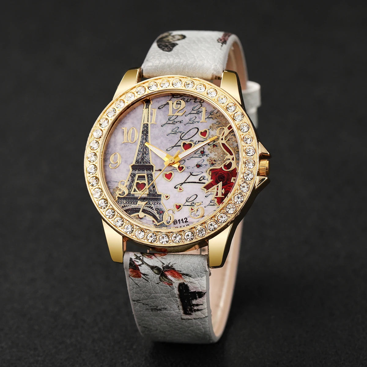 Fashion Women PU Leather Band Eiffel Tower Dial Quartz Watch with Bracelet (Box not Included）