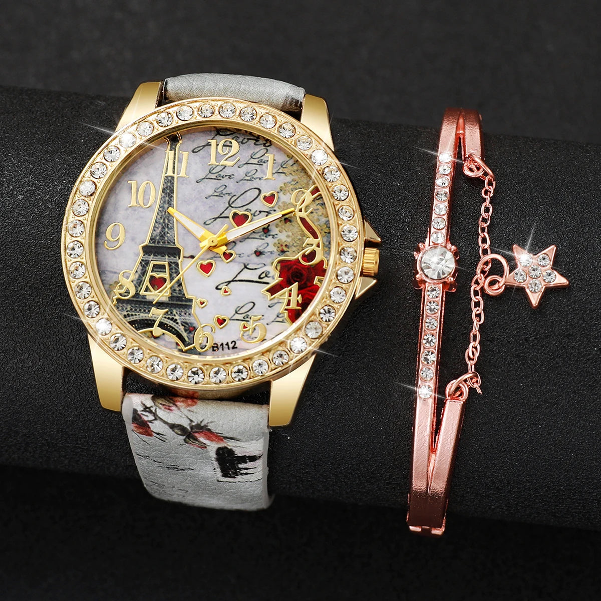 Fashion Women PU Leather Band Eiffel Tower Dial Quartz Watch with Bracelet (Box not Included）