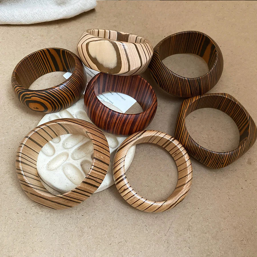 Natural Wooden 12 Styles Square Round Bracelet for Women Hip Hop Rivet Beads Wide Bangles Hand Jewelry Pulseras Mujer