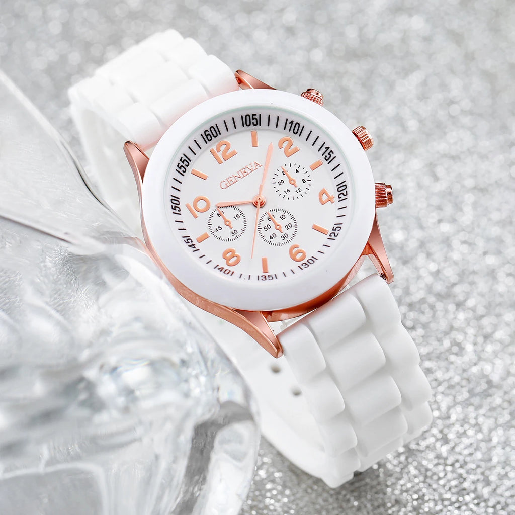3/6PCS Women's Watches Casual Silicone Band Analog Quartz Watch Heart Pearls Jewelry Set(Without Box)
