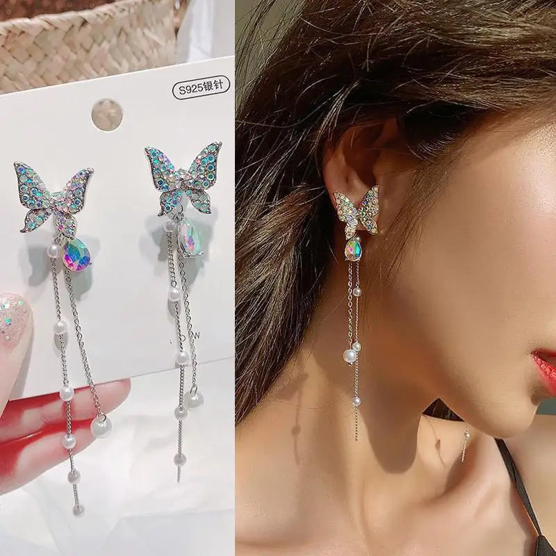 Silver Needle Vintage Green Crystal Butterfly Drop Earrings For Women Jewelry 2025 Trending Luxury Zircon Women's Earrings