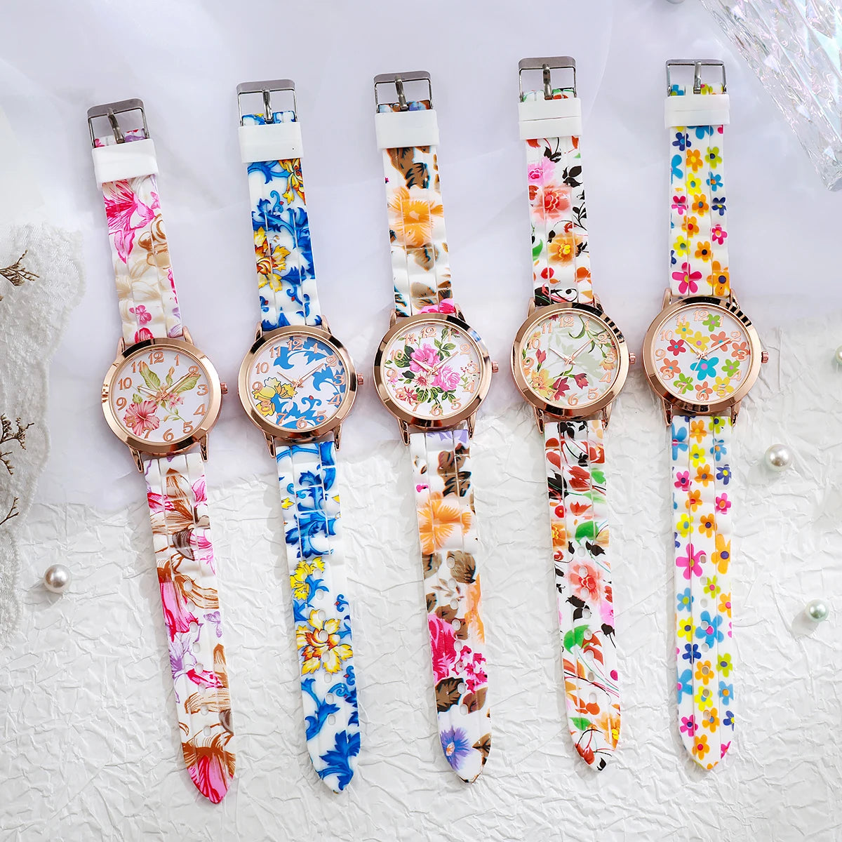 2/3/4/5PCS Fashion Flowers Printed Women Watches Casual Silicone Band Female Quartz Watch Relogio Feminino（Without Box）