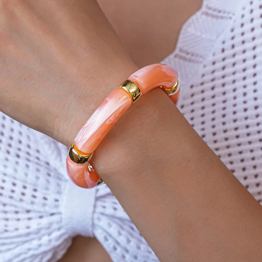 Pink Acrylic Resin Smudging Bangles for Women Girls Smooth Irregular Geometric Square Elastic Bracelets Wristband Jewelry