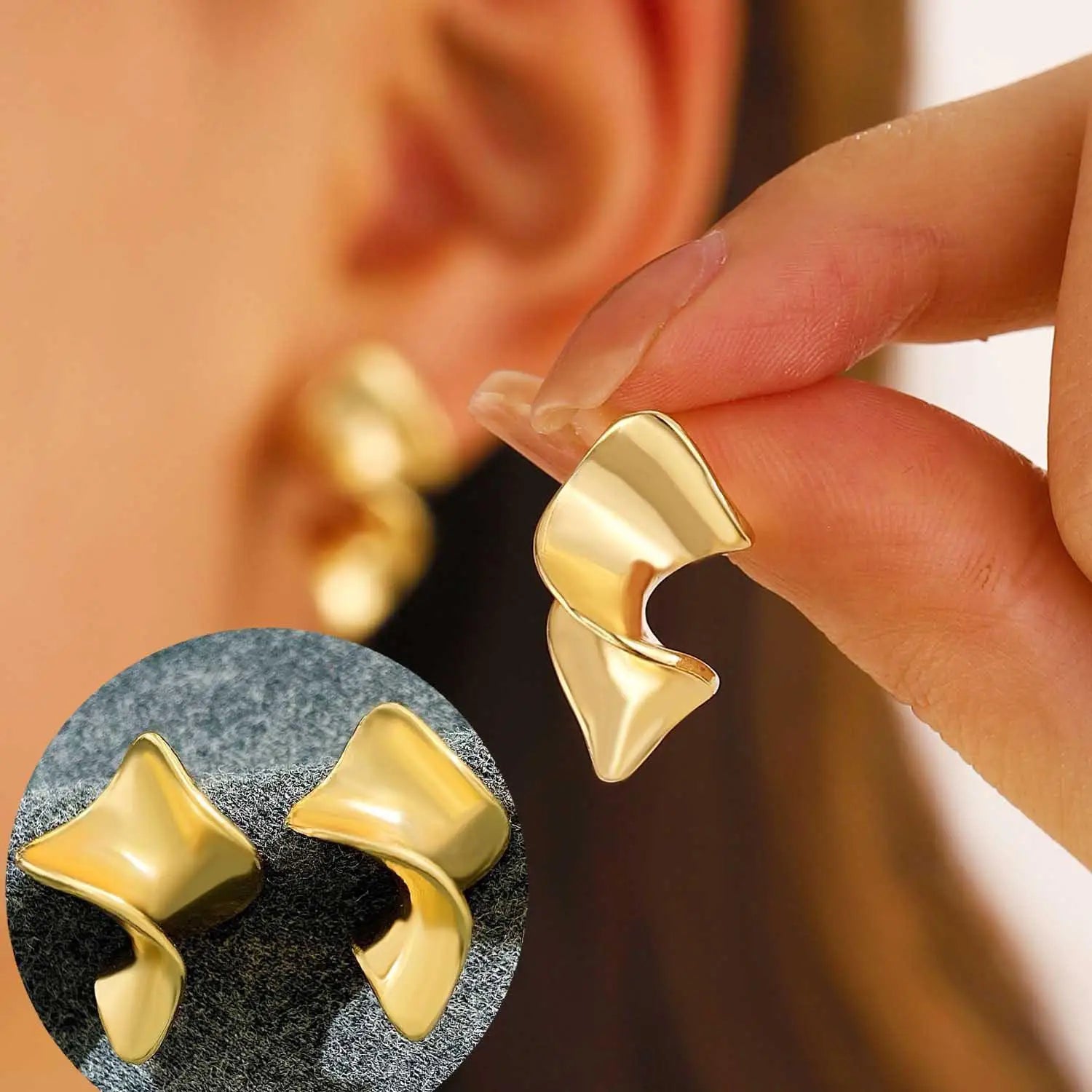Stainless Steel Pleated Geometric Earrings For Women Jewelry Trending Vintage Women's Smooth Gold Color Stud Earrings