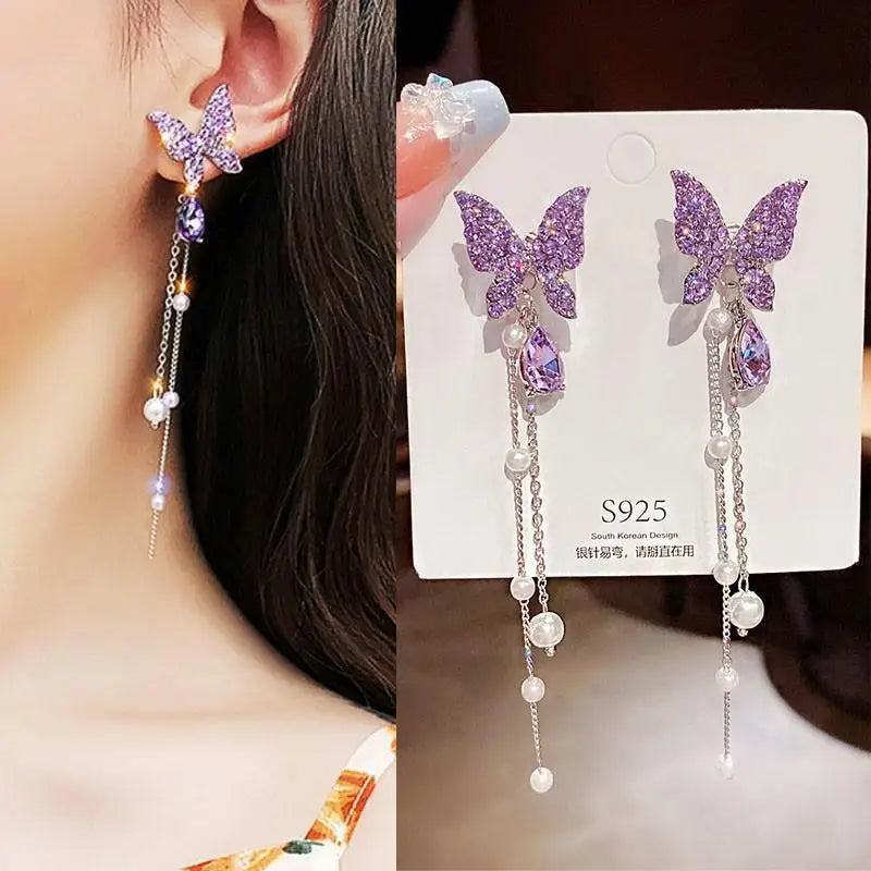 Silver Needle Vintage Green Crystal Butterfly Drop Earrings For Women Jewelry 2025 Trending Luxury Zircon Women's Earrings