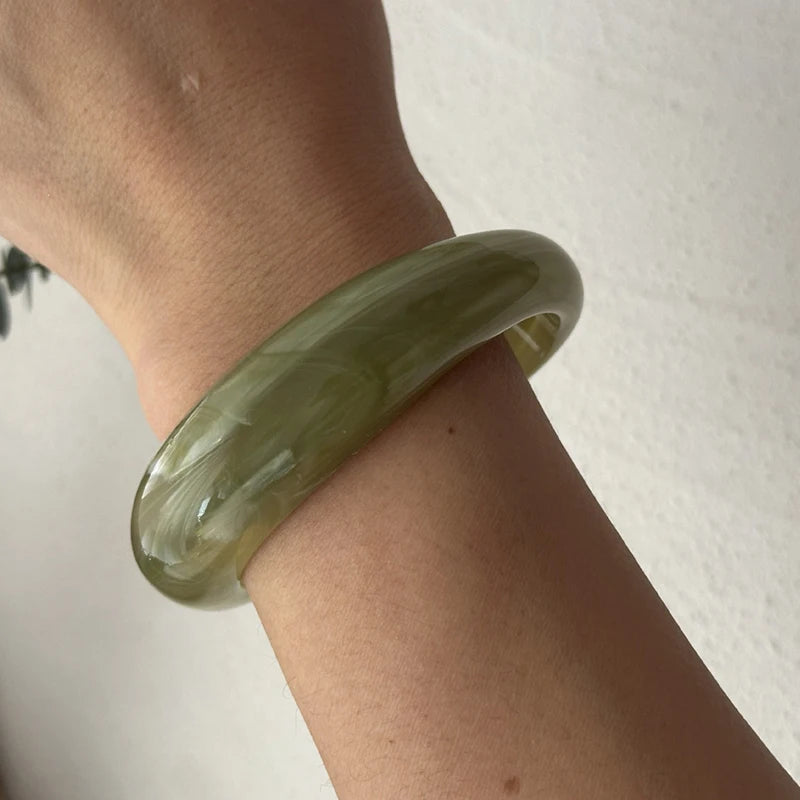 Punk Green Resin Acrylic Smudging Bangles Exaggerated Geometric Oval Elastic Bangle Cuff Bracelets for Women Jewelry