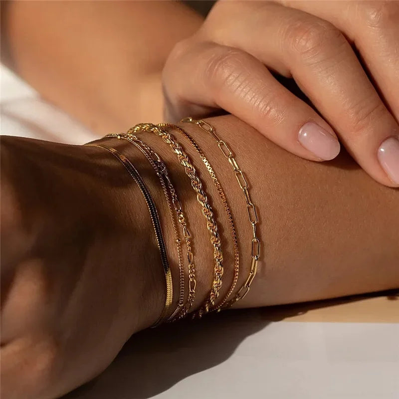 Bohemian Minimalist Metal Chain Women's Set of 6 Multi-layer Chain Simple Fashionable Bracelets Wedding Jewelry Birthday Gifts