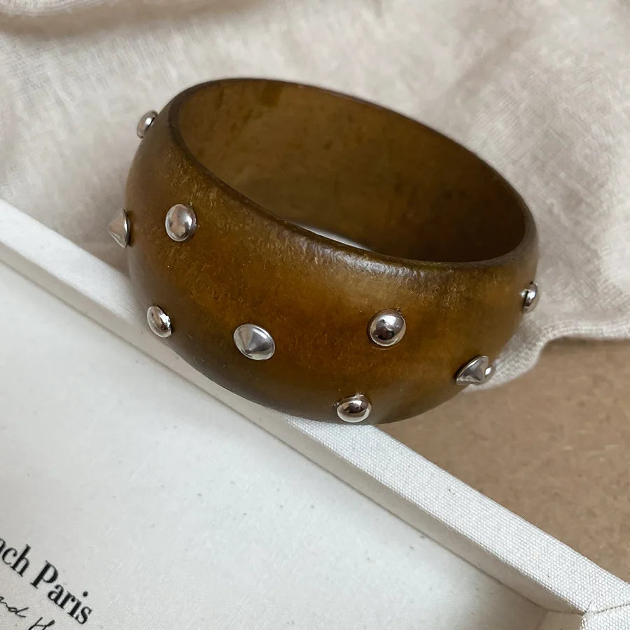 Natural Wooden 12 Styles Square Round Bracelet for Women Hip Hop Rivet Beads Wide Bangles Hand Jewelry Pulseras Mujer