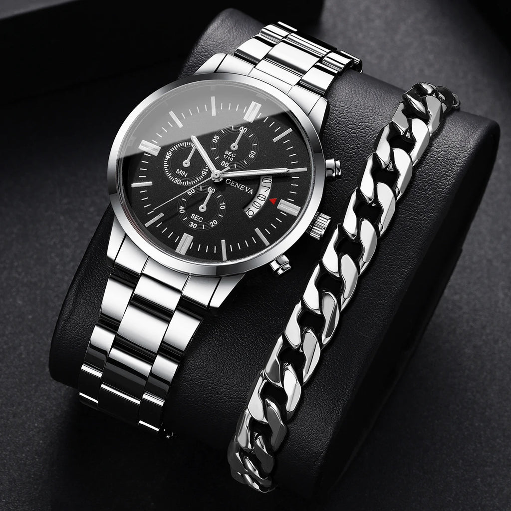 2PCS/Set Fashion Men Business Watches Male Calendar Quartz Watch Bracelet Set Relogio Masculino
