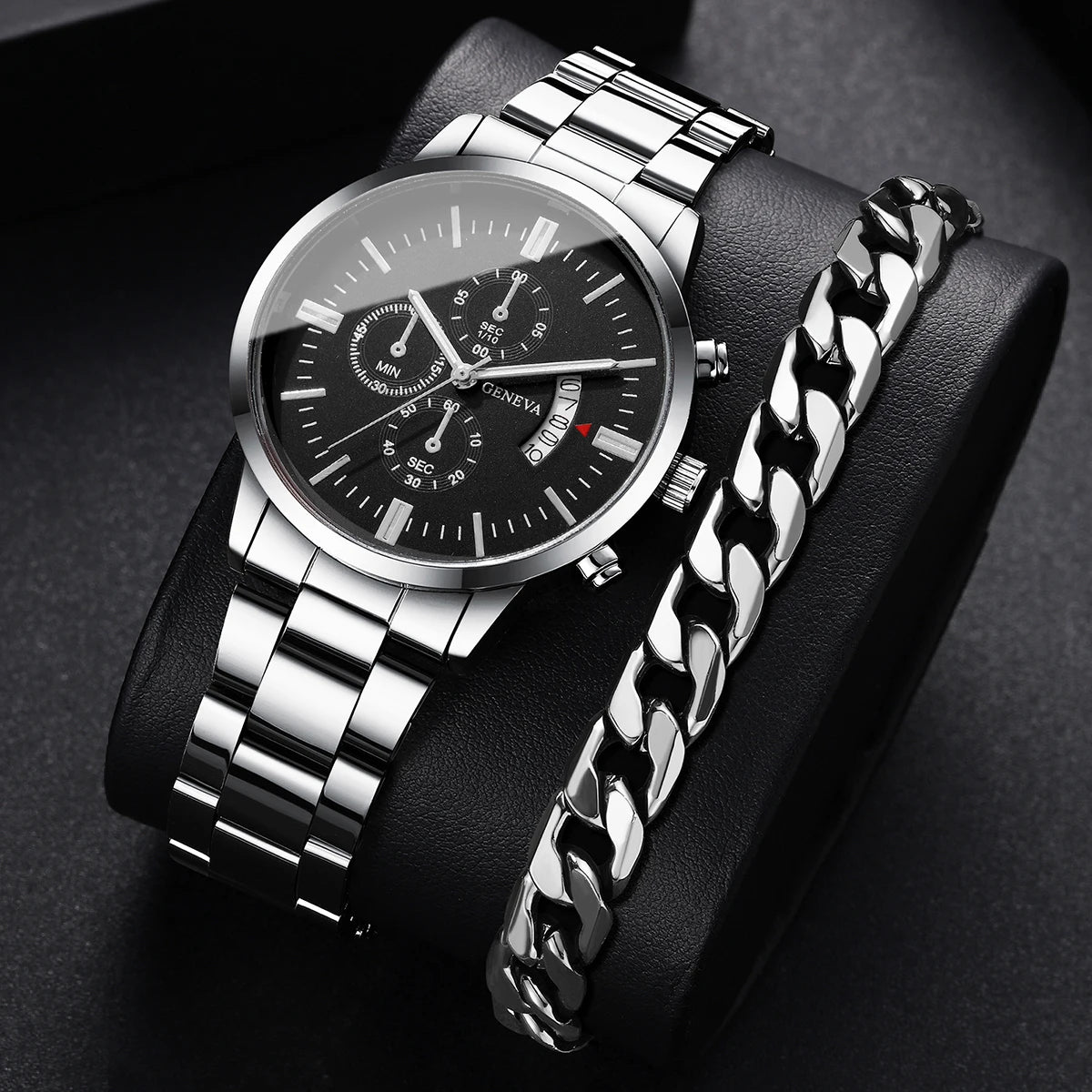 2PCS/Set Fashion Men Business Watches Male Calendar Quartz Watch Bracelet Set Relogio Masculino