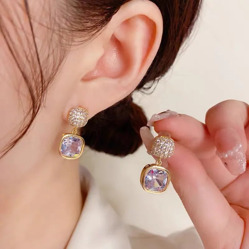 Silver Needle Fashion Square Zircon Drop Earrings For Women Jewelry 2025 Trending New Luxury Women's Crystal Earrings
