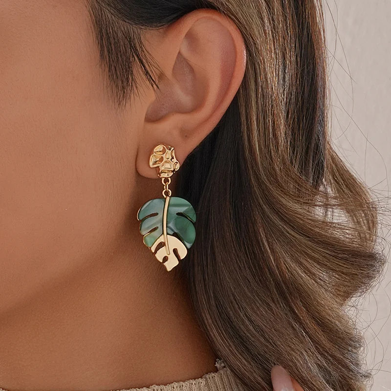 Multi-color Acrylic Leaf Earrings for Women Gold Plated Zircon Dangle Earrings Stainless Steel Jewelry Birthday Gifts