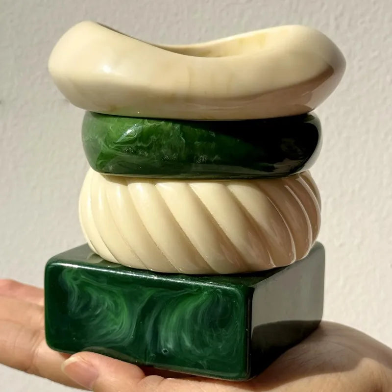 Green White Irregular Square Wide Resin Bracelet for Women Autumn Winter Fashion Chunky Jewelry New Elegant Trend Bangle