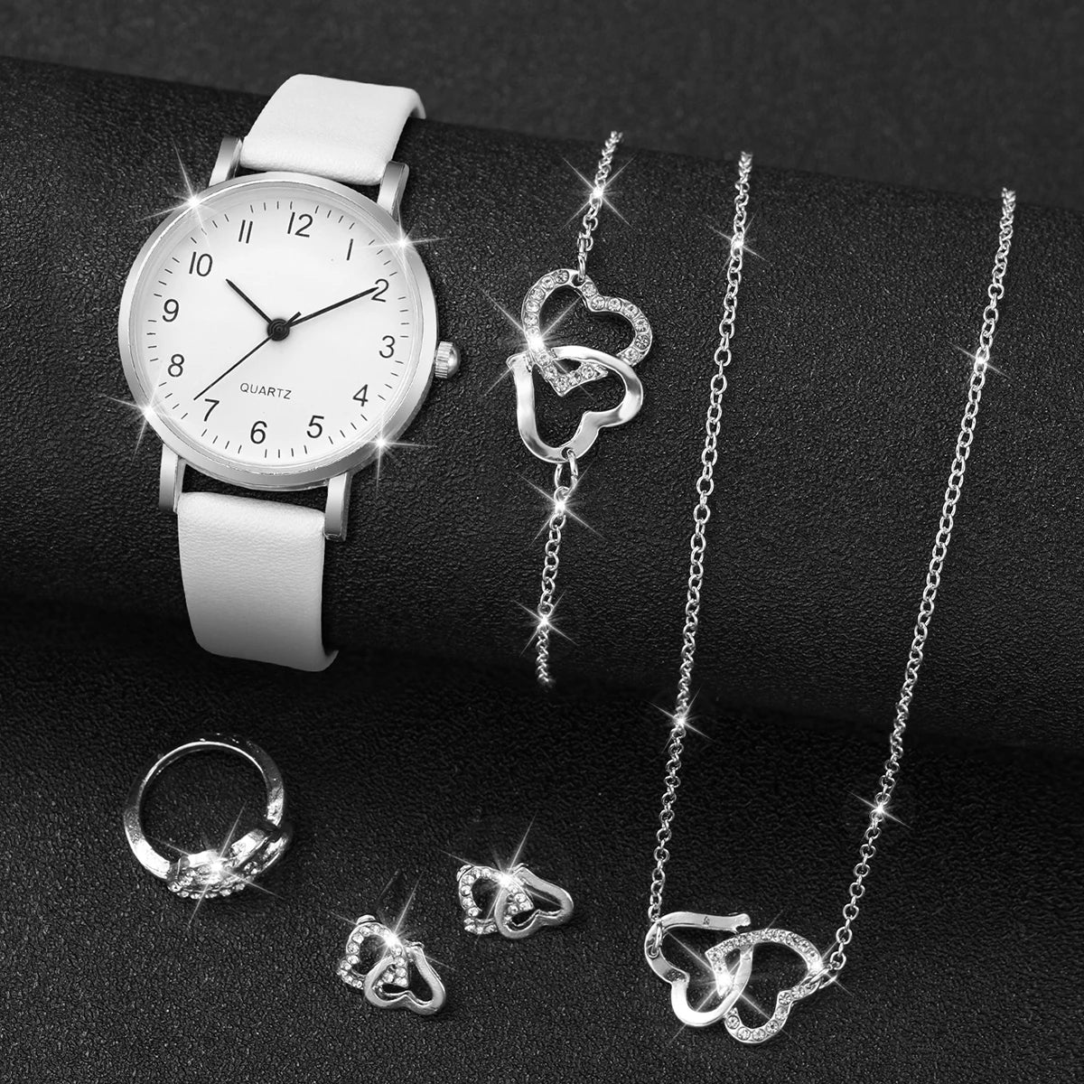 5/6PCS Fashion Women's Quartz Watch Leather Band Analog Quartz Watches with Diamond Jewelry (Without Box)
