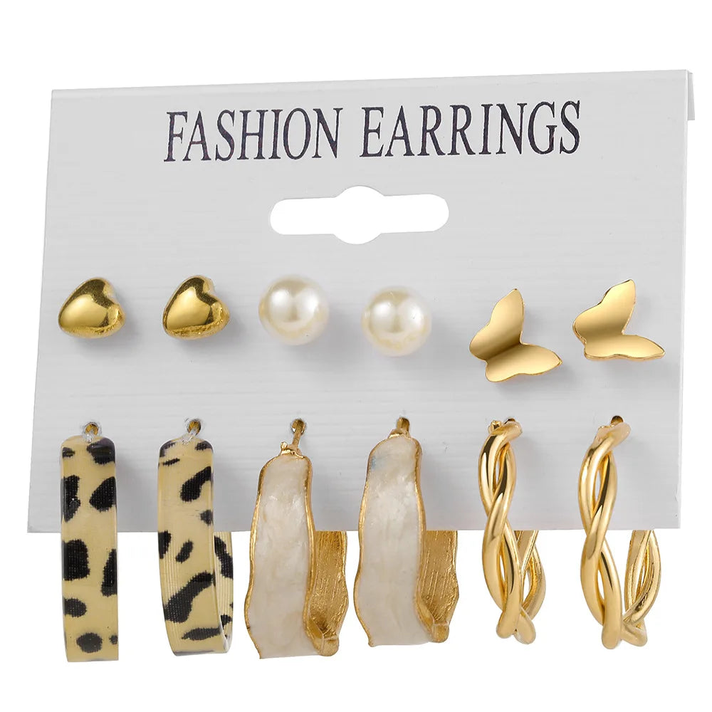 Boho Big Circle Hoop Earring Set for Women Gold Color Bohemia Vintage Pearl Square Earring Heart Zircon Ear Studs Jewelry