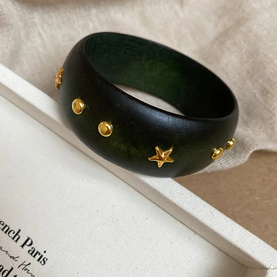 Natural Wooden 12 Styles Square Round Bracelet for Women Hip Hop Rivet Beads Wide Bangles Hand Jewelry Pulseras Mujer