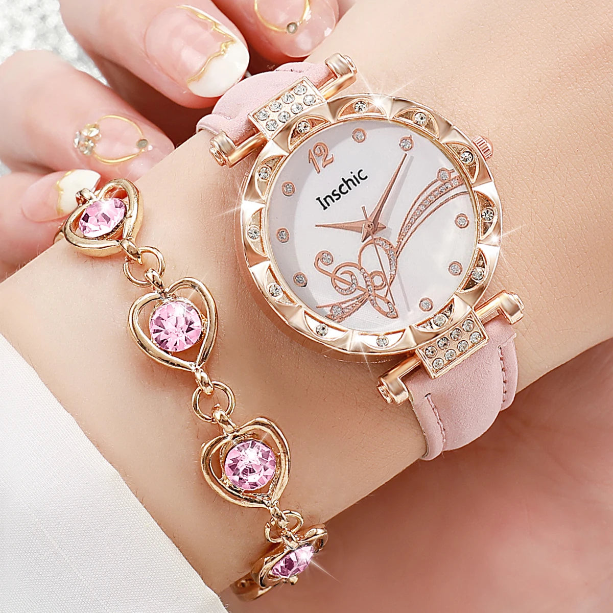 6PCS/Set Fashion Rhinestone Women's Watch Leather Band Analog Quartz Watches Rhinestone Heart Jewelry Set（Without Box）