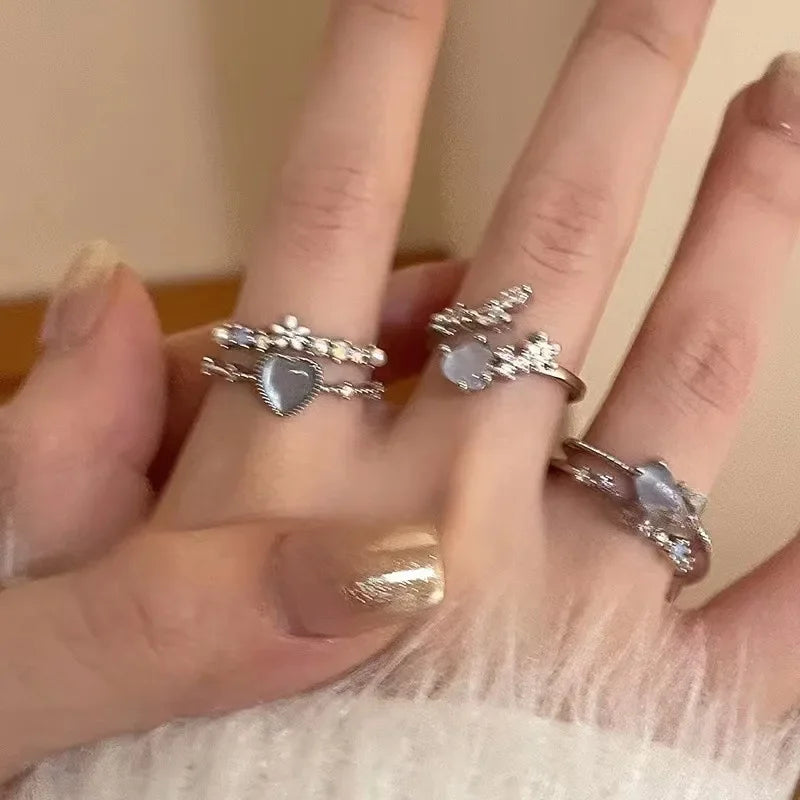 Fashion Jewelry Crystal Rings Heart Adjustable Ring Irregular Geometry Punk Vintage Rings Set for Women