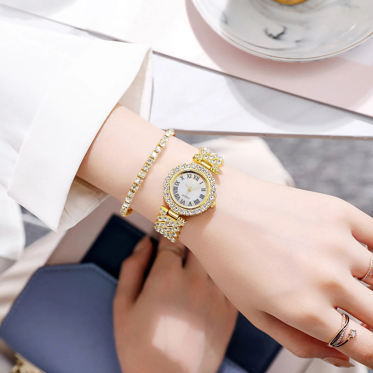 6PCS Luxury Rhinestone Women Watches Fashion Roma Dial Bracelet Wrist Watch Jewelry Set Relogio Feminino（Without Box）